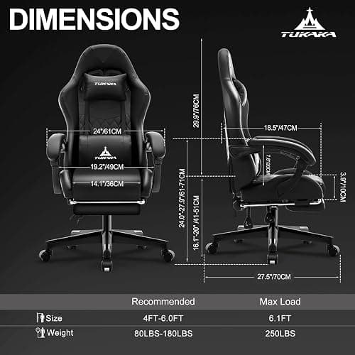 TUKAKA Gaming Chair,Ergonomic Massage Computer Office Desk Chair with Footrest,Pocket Spring Cushion,Reclining Leather Adjustable Gamer Chair with Headrest and Lumbar Support,Black thumbnail 3