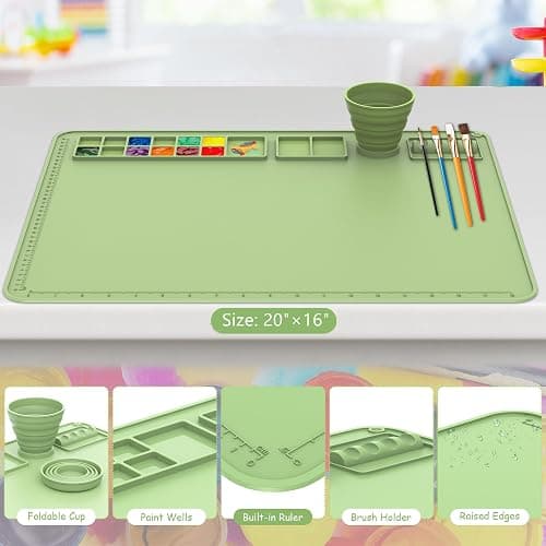 Silicone Painting Mat with Cup, 20"X16" Craft Mat, Siliocne Mat for Crafts, Resin, Paint, Clay, Non Stick Art Mat with Raised Edge, Painting Supplies (Apple Green) thumbnail 3