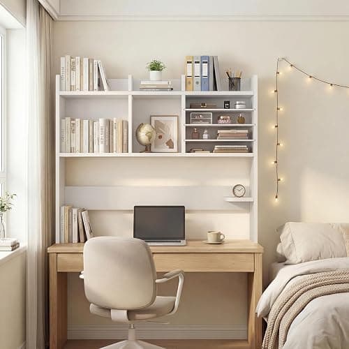 NUTIKAS Desktop Bookshelf for Computer Desk - 36" Desk Hutch Organizer with 4-Tier Paper Tray, Tabletop Storage Rack for College Dorm Room Essentials, Home Office Shelving, White thumbnail 7