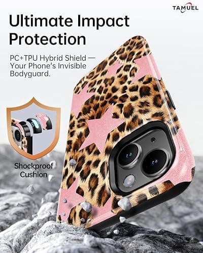 TAMUEL for iPhone 15 Case, Leopard Cheetah Print Phone Case, Compatible with Magsafe, Trendy Cute Cool Pink Star Magnetic Slim Silicone Shockproof Protective Women Girl Cover thumbnail 4