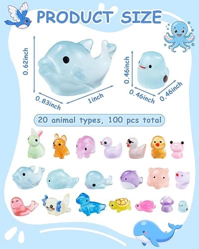 FIVEIZERO 100PCS Luminous mini Resin Animals - 20 Styles Multiple Colors per Style Glow in The Dark Plastic Tiny Animals Figures for Dollhouse, Fairy Garden, Aquarium, Party Favors & DIY Craft Decor thumbnail 2