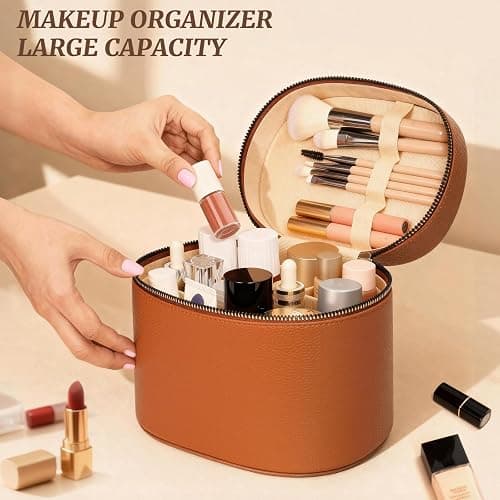 MaqSacion Makeup Bag Vanity Case for Women Leather Cosmetic Bag Makeup Organizer Case Portable Travel Toiletry Bag With Removable Compartments and Handle - Brown thumbnail 2