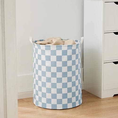 Ohocut Blue Checkered Laundry Basket, Collapsible Aesthetic Cute Canvas Organizer Hamper Basket for Storage, Toy Bins, Bedroom Clothes, Children Nursery, Gift Basket thumbnail 3