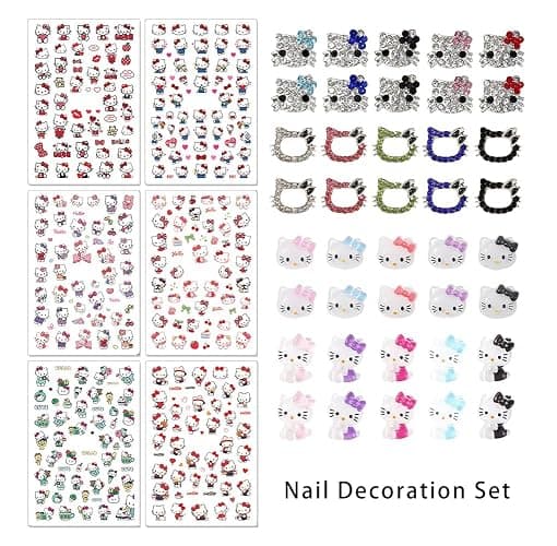 6 Sheets Cute Cat Nail Stickers and 40Pcs Cartoon Red Pink Cat Nail Charms Set Kawaii Cat Heart Letter Nail Art Decals Charms for Women DIY Party Nail Decoration Accessories thumbnail 5
