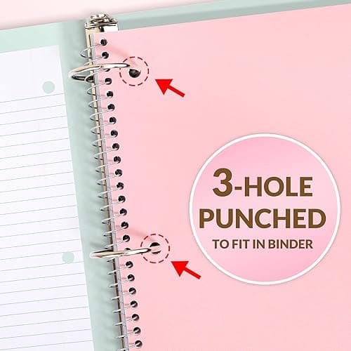 SUNEE Spiral Notebook, 1-Subject, College Ruled Paper, 8" x 10-1/2", 100 Sheets per Notebook, 3-Hole Punched Paper, Water Resistant Cover, Double-sided Pockets, Spiral Lined Notebooks for Work, Pink thumbnail 8