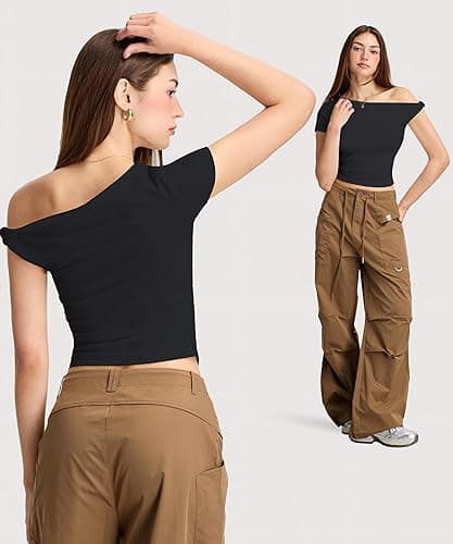 Curvphilo Women Summer Off Shoulder Tops Y2K Going Out T Shirts Double Lined Crop Top Fashion Clothes Trendy Outfits thumbnail 7