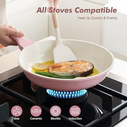 SENSARTE 9.5In Nonstick Ceramic Frying Pan with Lid, PFAS/PTFE Free, Pink | Ceramic Omelette Pan Skillet, Healthy Non-toxic Chef's Pan, Induction Compatible Pan, Heat Resistant Handle thumbnail 6