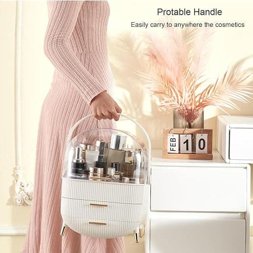 Makeup Organizer Storage Box, Cosmetics Display Case with Transparent Cover, Dust Waterproof Cosmetics Storage Box Suitable for Bathroom Countertop and Bedroom Vanity Dresser (White) thumbnail 7