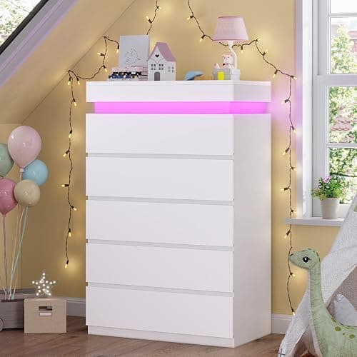 HAUOMS Tall 5 Drawer Dresser with LED Light, White Modern Chest of Drawers for Bedroom,Closet Dressers with Drawers for Living Room, Entryway, Hallway - Image 1