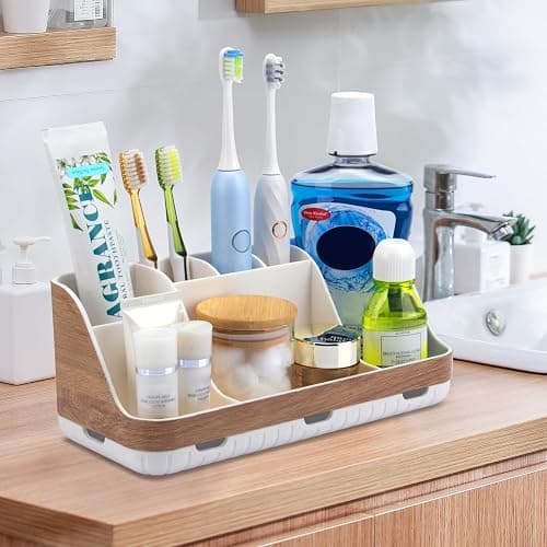 GFWARE Bathroom Countertop Organizer - Detachable 7 Slots Kids Electric Toothbrush and Toothpaste Holde Drainage for Bathroom Accessories Organization Counter Vanity Storage, Woodgrain thumbnail 7
