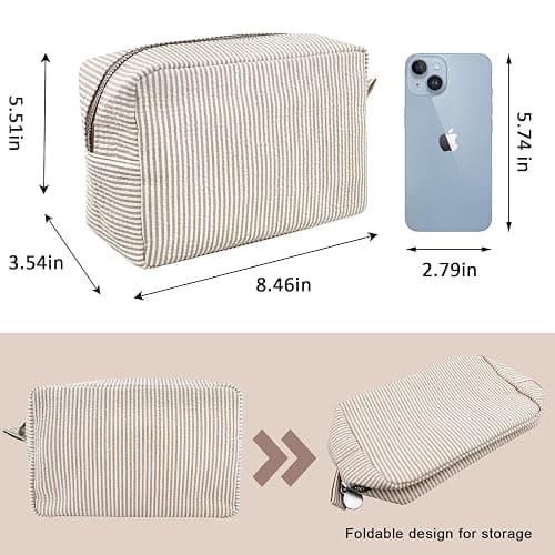 GFU Cosmetic Bags for Women, Seersucker Cosmetic Bag, Travel Toiletry Stripe Makeup Bag, Large Women Aesthetic Organizer Storage Pouch, Girls Handbags Purses, brown thumbnail 4