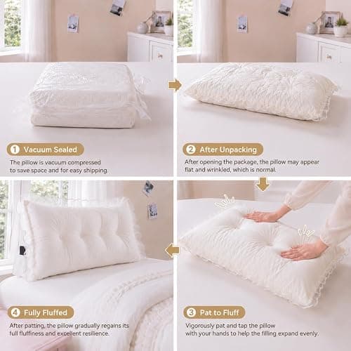 Leinuosen 39 in Ruffle Headboard Pillow for Dorm Twin XL College Bed Reading Bolster Dorm Velvet Triangular Bed Backrest Pillow Cushion for College Reading Support(White) thumbnail 3