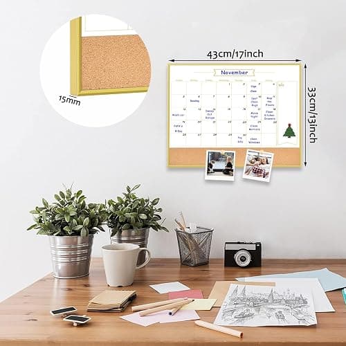 Whiteboard Calendar & Corkboard, 17" x 13" Dry Erase White Board & Bulletin Board, Gold Aluminum Frame Calendar/Cork Combo Board(ZHYL-Gold-3343-B+1) thumbnail 7