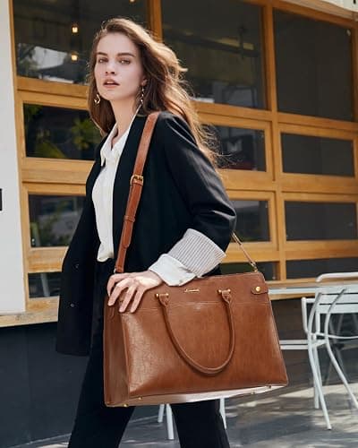 LOVEVOOK 17 Inch Laptop Tote Bag For Women Teacher Work Bag, Leather Computer Bags For Laptops For Women, Vintage Waterproof Laptop Bag Business Briefcase Office Large Shoulder Handbag Purse, Brown - 17.3 inch - Brown thumbnail 9