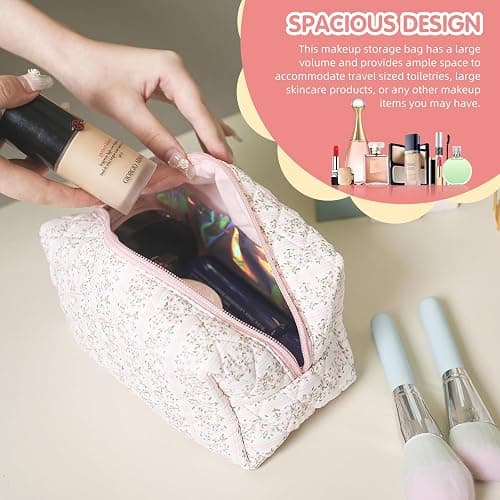 Floral Makeup Bag, Cute Quilted Makeup Toiletry Bag, Zipper Cosmetic Pouch, Daily Travel Use Skincare Bag, Multipurpose Organizer Bag (Blossom Blush Pink) thumbnail 5
