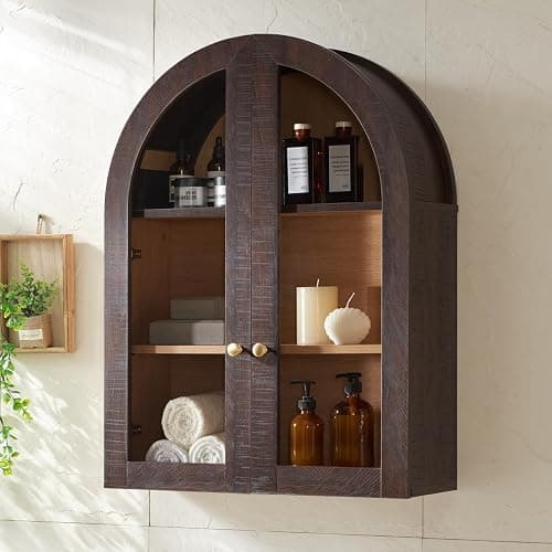 Bathroom Arched Wall Cabinet Over The Toilet Storage Cabinet, 23.5×31.4 Inch bathroom cabinet wall mount with Glass Doors & Adjustable Shelves, Wood Cabinet for Laundry Room, Bedroom Kitchen, Brown - Image 1