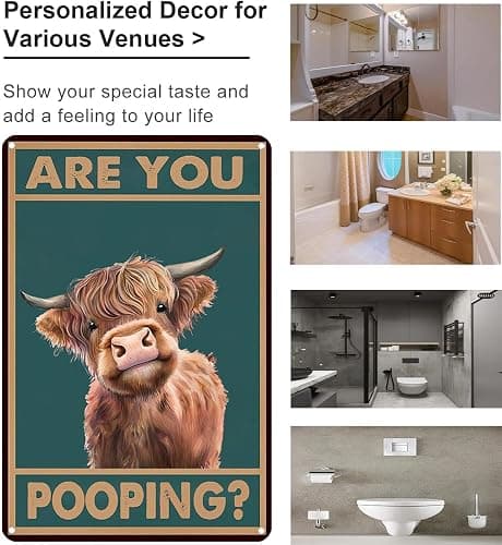 Vintage Highland Cow Tin Sign: Funny "Are You Pooping?" Bathroom Wall Decor for Western & Highland Cow Lovers 8 x 12 Inch (3039) thumbnail 3