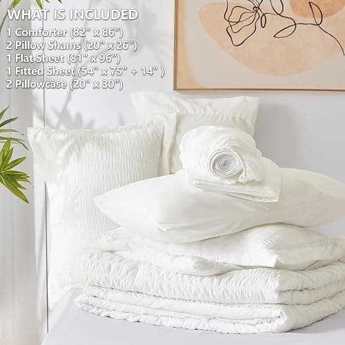 CozyLux Full Size Comforter Sets with Sheets Seersucker 7 Pieces Ivory Bed in a Bag Textured Luxury Soft Bedding Set with Down Alternative Comforter, Sheets, Pillowcases & Shams for All Seasons thumbnail 6
