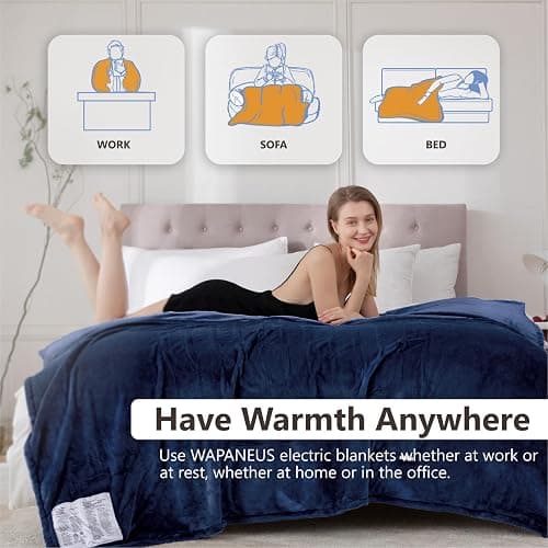 Wapaneus Heated Blanket Electric Blanket 72" x 84" Full Size with 10 Heating Levels and 12 Hours time Settings, Flannel Fast-Heating Electric Blanket, ETL Listed, Machine Washable,Dark Blue thumbnail 5