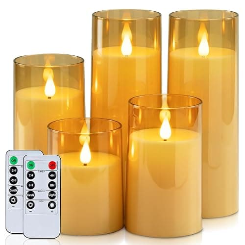 Homemory Amber Flickering Flameless Candles, Battery Operated Acrylic LED Pillar Candles with Remote Control and Timer, Fall Candles, Set of 5 - Image 1