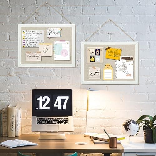 AMUSIGHT 2-Pack Double-Sided Cork Board with Linen, 16" x 12" Hanging Wood Framed Bulletin Board, Picture Display Vision Board Kit Corkboards for Wall School Office Decor, 20 Pushpins (Vintage White) thumbnail 2