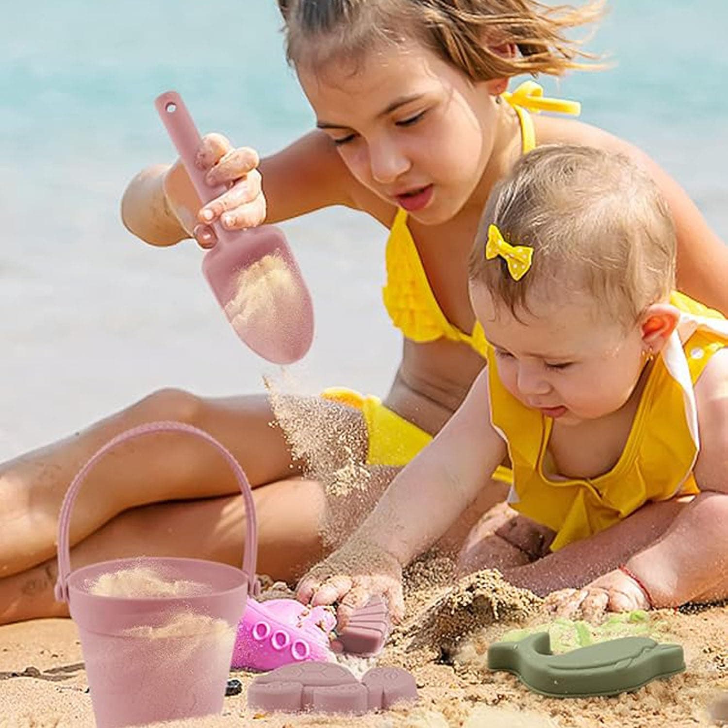Silicone Beach Toys, 9 PCS Modern Baby Beach Toys, Travel Friendly Beach Set, Silicone Bucket, Shovel, Bucket and Mould Set Toys, Perfect for Gift and Summer for Kids thumbnail 5