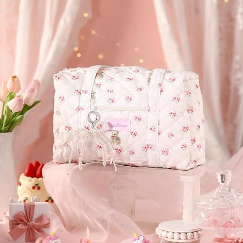 Yeyeplum Pink Coquette Bag White Floral Handbag Kawaii Handbag Coquette Bow Quilted Duffle Bag for Women Shoulder Purse with Bow Pearl Keychain for Christmas Gifts Business Travel Trip thumbnail 6