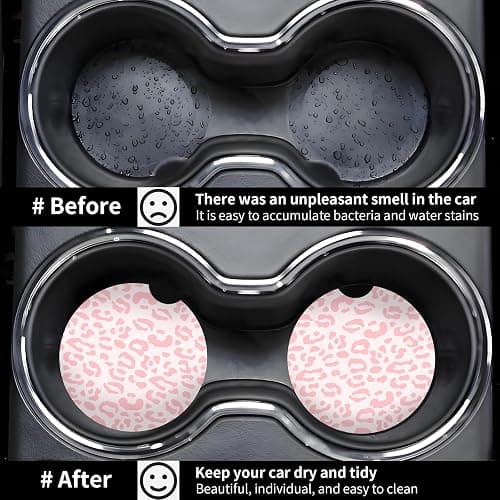 Absorbent Car Cupholder Coaster 2 Pack,Ceramic Stone with a Finger Notch for Women & Lady,Cork Base Drink Coasters 2.56 Inch,Cute Auto Accessories Gifts（Pink Leopard） thumbnail 4