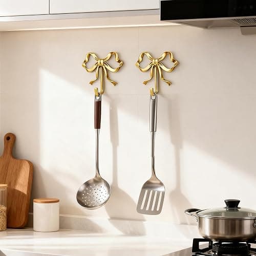 Frstem 4 Pack Gold Bow Wall Hook,Metal Hooks,Wall Mounted Functional Hooks,Multi-Purpose Door Hanger,Bow Wall Hooks Decorative for Coat Hat Towel Bags & Christmas Decor thumbnail 8