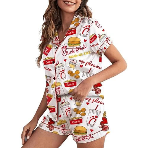 ThreadHaus Chicken Nuggets Satin Pajamas Set for Women Y2k 2 Piece Short Sleeve Shirts Matching Pj Shorts Set Multi