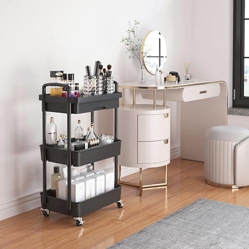 Calmootey 3-Tier Utility Cart with Drawer & Wheels, Storage for Home,Office | Space-Saving Organizer, Sturdy Plastic Shelves, Smooth-Rolling Metal Wheels, Built-in Drawer for Small Items, Black thumbnail 2