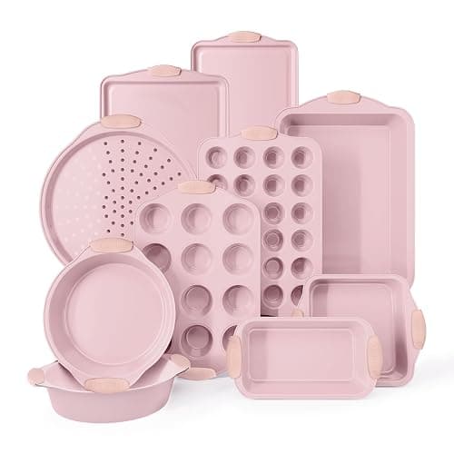 Country Kitchen Nonstick Stackable Bakeware Set - Heavy Duty, Durable, Easy Release Baking Set, Pink, 10 Pcs - Image 1
