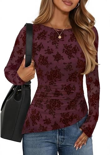 ZESICA Womens Floral Long Sleeve Shirts 2025 Fall Boat Neck Mesh Ruched Tops Fitted Asymmetrical Going Out Blouses - Image 1