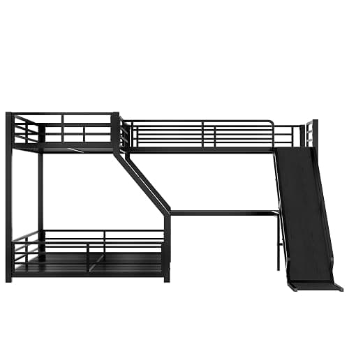 Bellemave Triple Bunk Beds, L-Shape Twin XL Over Queen Bunk Bed Attached a Loft Bed with Desk, Triple Bunk Bed with Slide and USB Ports, Metal Corner Bunkbed Frame for Three Boys Girls Teens, Black thumbnail 7