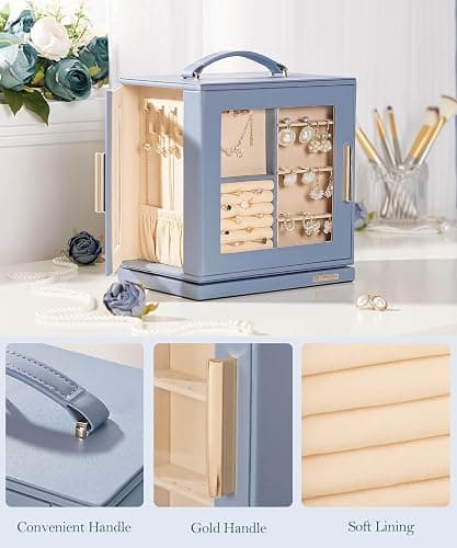Homde Christmas Gifts Jewelry Box 360° Rotating, Necklace Earring Organizer with Transparent Window, Mirror, 7 Drawers, Large Ring Display Storage Case for Girls Women (Grey Blue) thumbnail 6