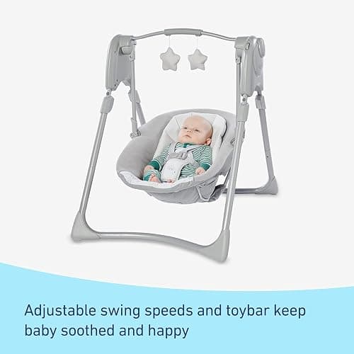 Graco Slim Spaces Compact Baby Swing, Space Saving Portable Bay Swing with Height Adjustable Legs & Soft Toys, Reign thumbnail 2