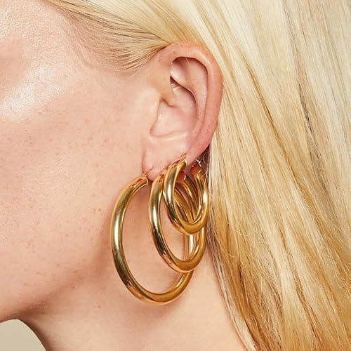 Thick Gold Hoop Earrings Lightweight Howllow Tube Hoops Chunky Gold for Women Hypoallergenic Big Earring 25mm 30mm 40mm 50mm thumbnail 3