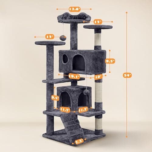 Yaheetech 54in Cat Tree, Multi-Level Cat Tower with Spacious Kitten-ear Perch, 2 Cozy Caves, Scratching Posts, Climbing Ladder, 2 Plush Balls, Durable Pet House Furniture for Indoor Kittens, Dark Gray thumbnail 3