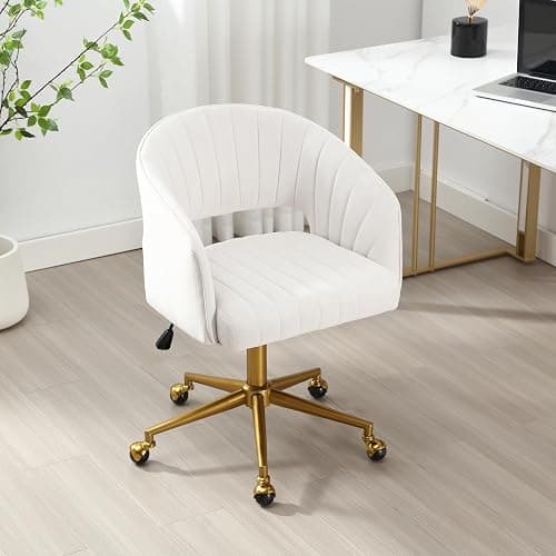HENGJIANYI Home Office Swivel Desk Chair, Modern Velvet Vanity Chair, Height Adjustable Armchair with Gold Base, Ergonomic Office Chair for Task Study Computer Room, Beige thumbnail 2