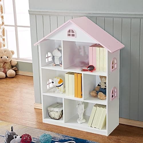 Wooden Dollhouse Bookshelf 4-Tier Kids Bookcase, Toy Storage Organizer & Playhouse with 6 Compartments for Girls Boys, Pink and White Room Furniture for Bedroom Playroom thumbnail 7