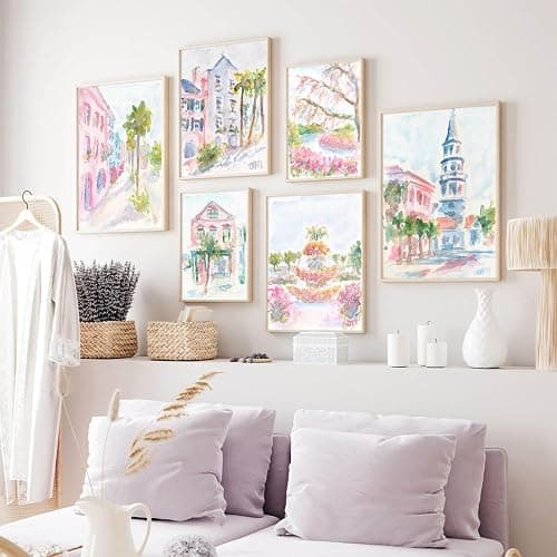 Charleston South Carolina Wall Art Preppy Posters Pictures Pastel Pink Canvas Wall Decor Aesthetic Coquette Posters Wall Art Trendy Watercolor Wall Decor Church Street Pictures 8x10x6 Inch Unframed thumbnail 5