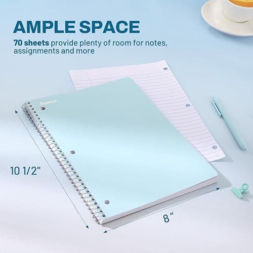 SUNEE Spiral Notebooks, 3 Pack, 1-Subject, College Ruled Paper, 8" x 10-1/2", 70 Sheets per Notebook, Blue thumbnail 3