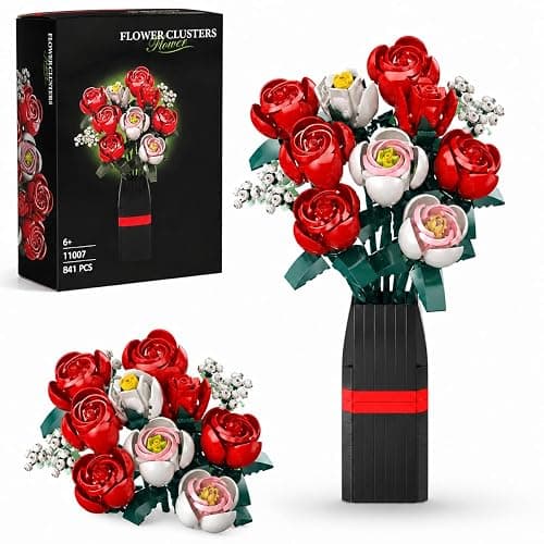 MONOFUN Flower Bouquet Building Set with Vase, 841Pcs DIY Roses Block Kit for Kids Adults, Creative Home Office Decoration, Valentine’s Day Birthday - Image 1