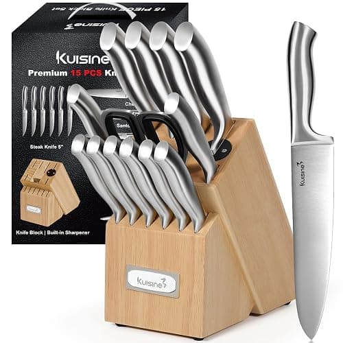 Kuisine Premium Sharp Knife Set Carbon Steel Forged,Ergonomic Handle Knife Block Set,Kitchen Block Knife Set,Chef Knife Set Built-in Sharpener(Silver Pro, 15PCS) thumbnail 7