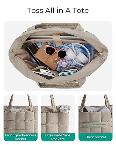 BAGSMART Expandable Tote Bag for Women, Puffer Work Tote Handbag, Quilted Carry-On Travel Gym Bag - D-khaki thumbnail 4
