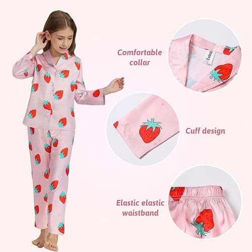 Ewbob Girls Silk Satin Pyjamas Set Short Sleeve Button-Down Kids PJs Breathable Soft Nightwear Children Sleepwear Age 5-14 thumbnail 4