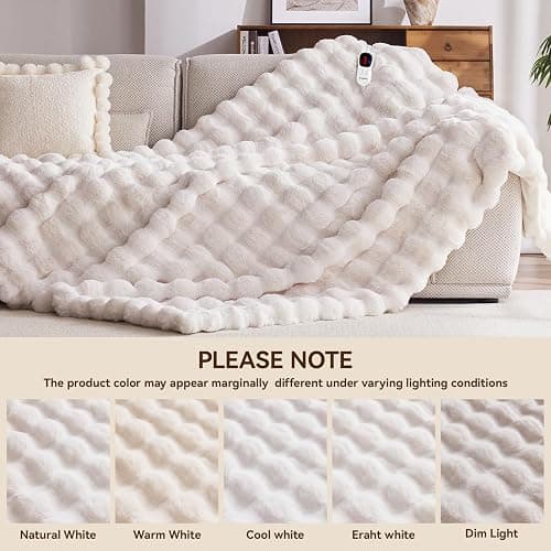 Anysay Heated Blanket Throw with 1/2/4/6/8 Hours Auto-Off 10 Heat Level, 50'' * 60'' Cozy Faux Rabbit Fur Bubble Electric Blanket with Overheat Protection(White) thumbnail 6