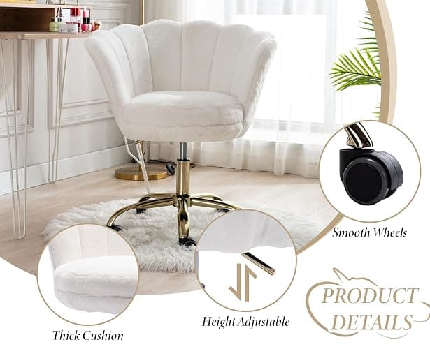 Ya-Home Faux Fur Home Office Chair Swivel Desk Chair with Adjustable Height for Home Office/Bedroom, White thumbnail 4