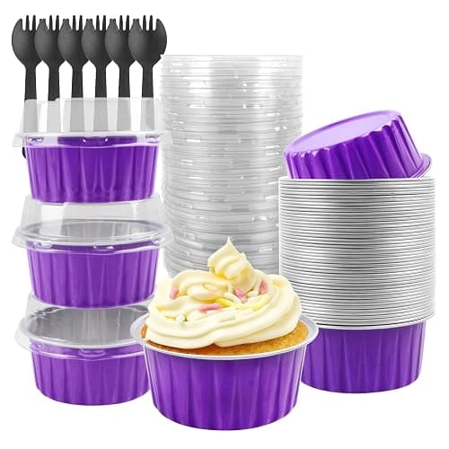 Tikxlafe Aluminium Foil Cake Cups with Lids Muffin Tins, Mini Cake Pans, Mini Bread Moulds with Lids, Disposable Baking Cups with Lids - 50 Pack of 5 oz Round Aluminium Foil Cake Baking Cups-Purple - Image 1