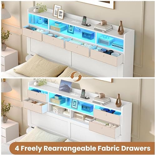 AOGLLATI Full Size Bed Frame with Storage Headboard and 6 Drawers, Wood Full Size Bed Frame with 4 Fabric Drawers and Hidden Storage, Charging Station and LED Lights, No Box Spring Needed, White thumbnail 3